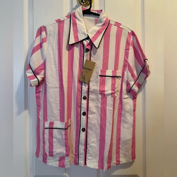 NWT Patiini Matching Pink/White Striped Pajama Set with Eye Mask Womens Size M - Picture 2 of 8